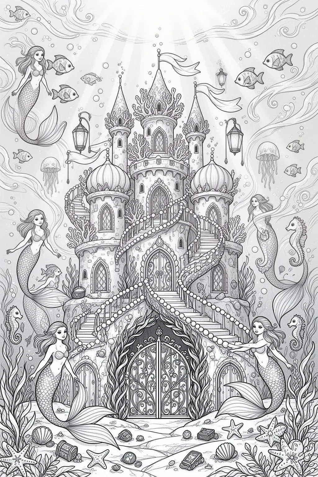 Underwater Mermaid Castle coloring page | Magical Printable.