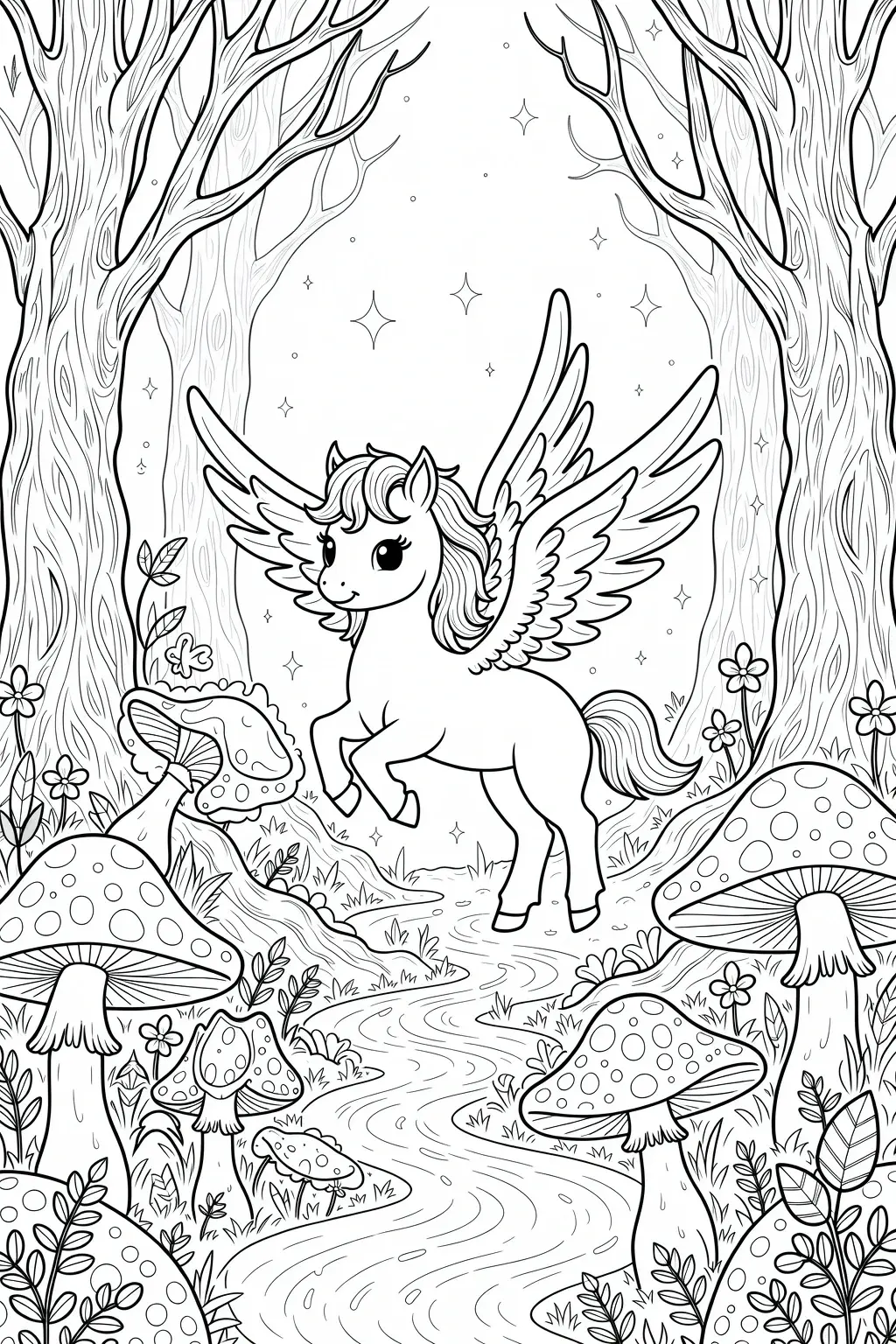 Black-and-white printable coloring sheet of a winged unicorn (pegasus) prancing along a winding path through a forest of large mushrooms and trees. Includes many small details for detailed coloring