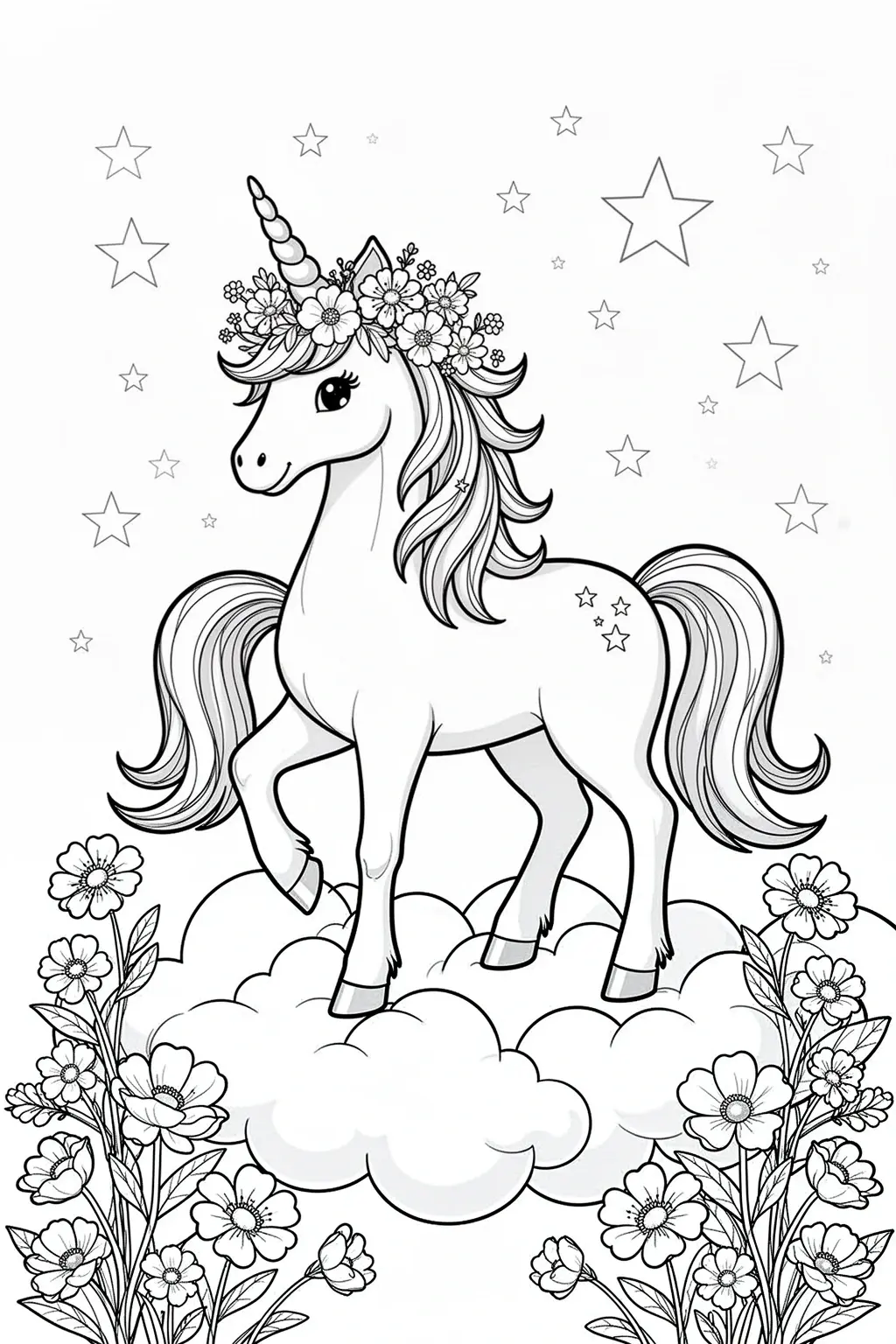 Black-and-white printable unicorn coloring page with a flower crown, clouds, and stars.