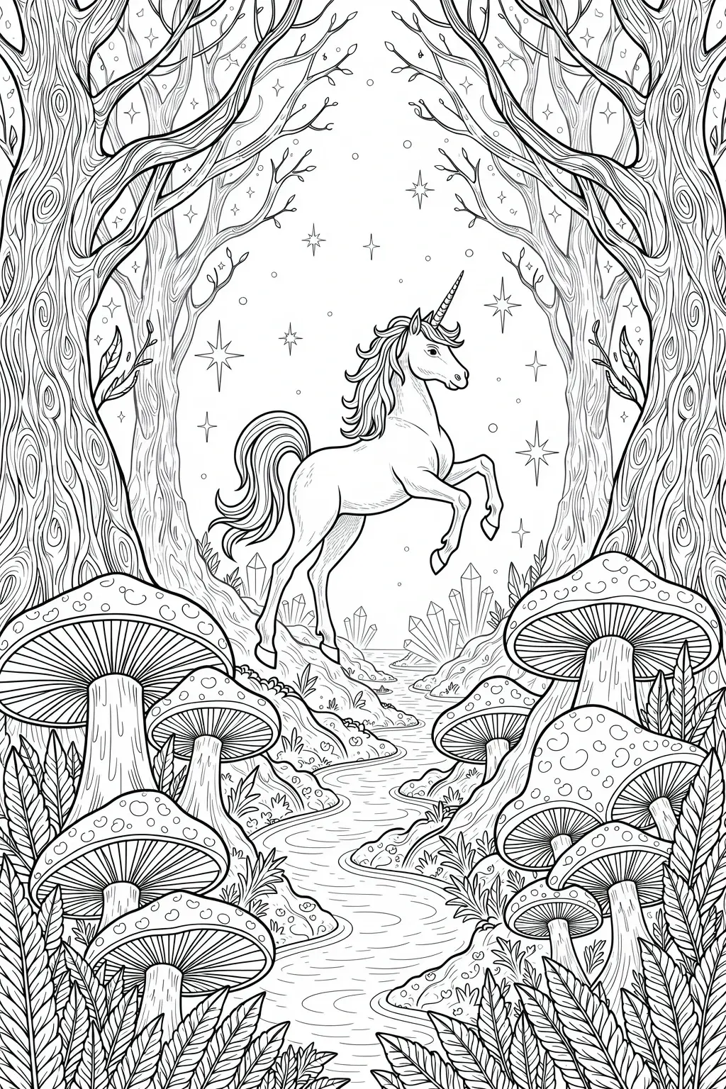 Black and white fantasy unicorn in a forest among large mushrooms, crystals and stars a printable coloring page with detailed coloring page, kids' coloring page, coloring sheets and mandala-like