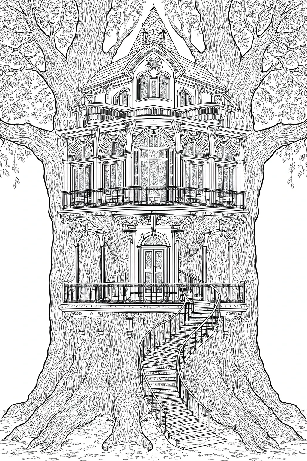 Black-and-white ornate Victorian treehouse built into a giant tree with a spiral staircase intricate line art ideal for detailed coloring page, kids' coloring page, printable coloring page and