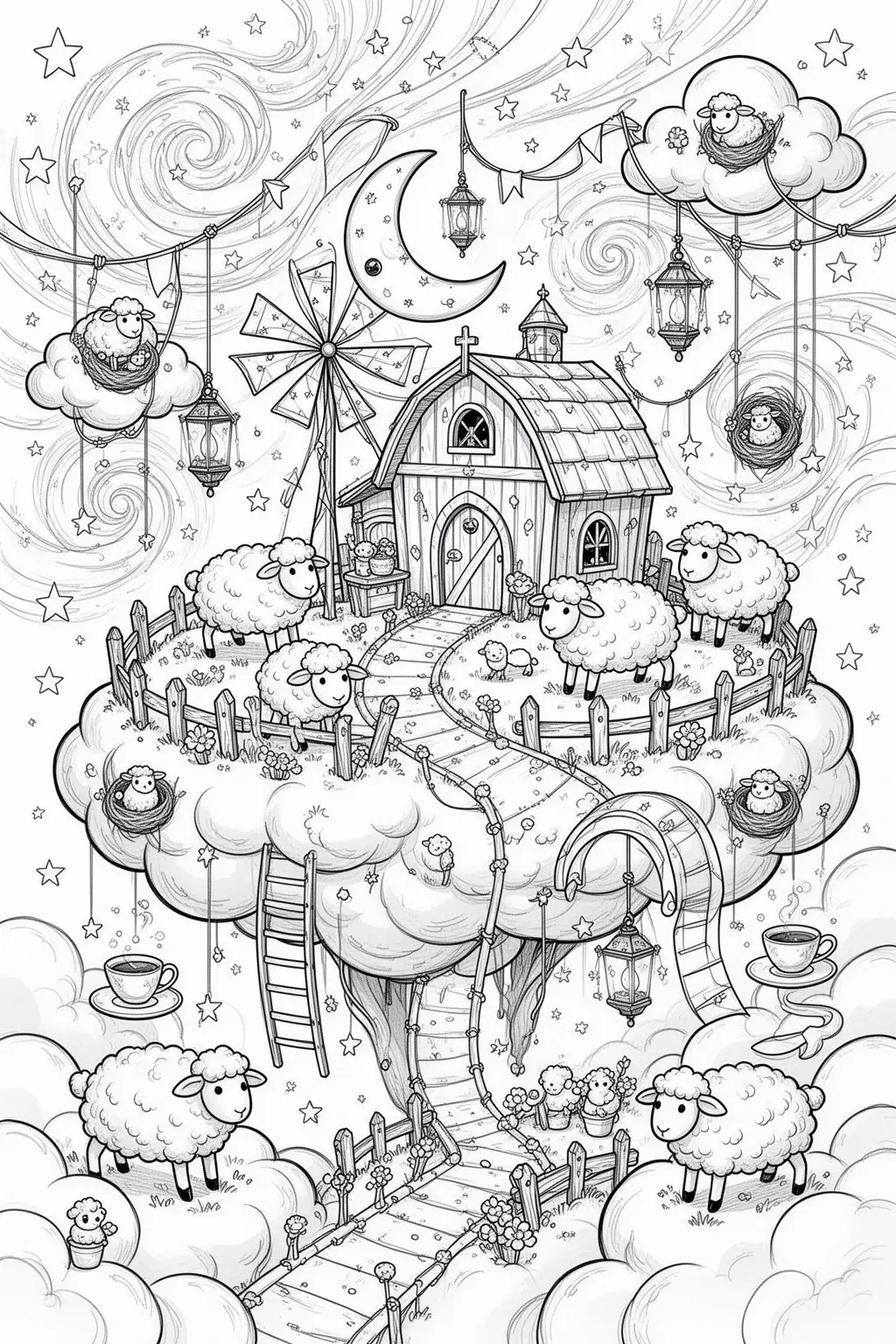 Dreamy Cloud Sheep Farm coloring page.