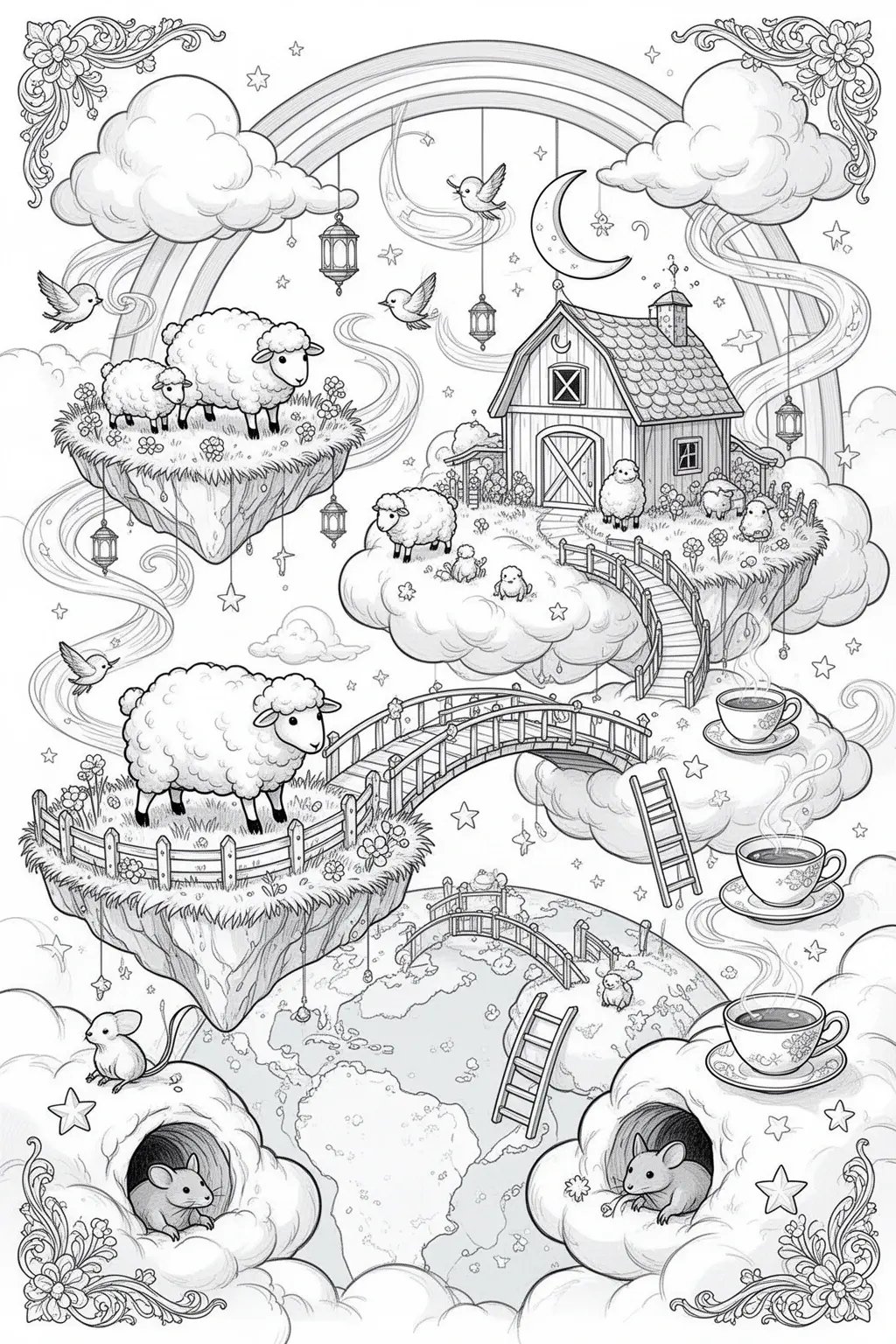 Moonlit Cloud Sheep Farm coloring page.