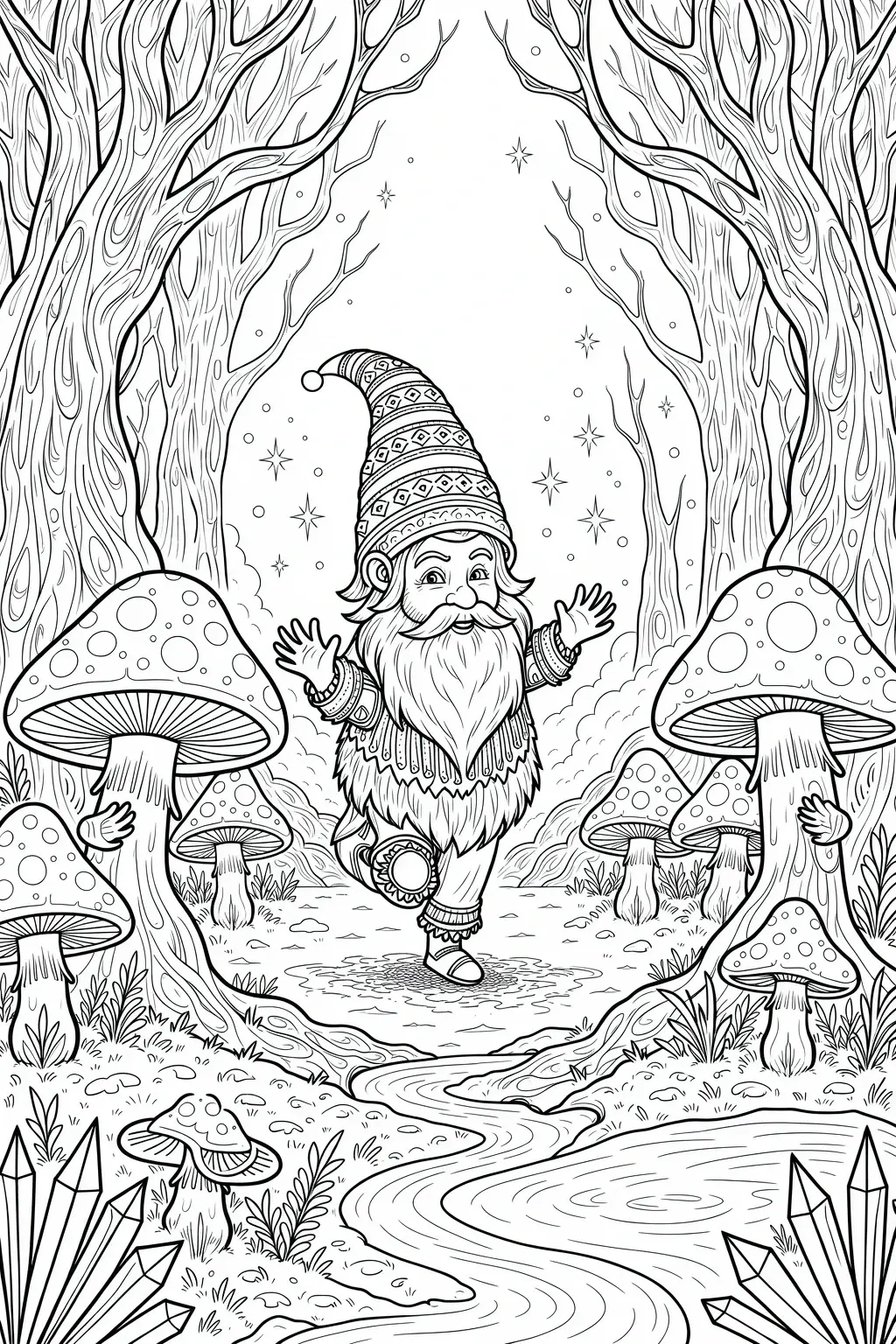 Black and white coloring page of a whimsical garden gnome dancing in a magical forest filled with oversized mushrooms, tall trees, sparkling stars, and a winding path.
