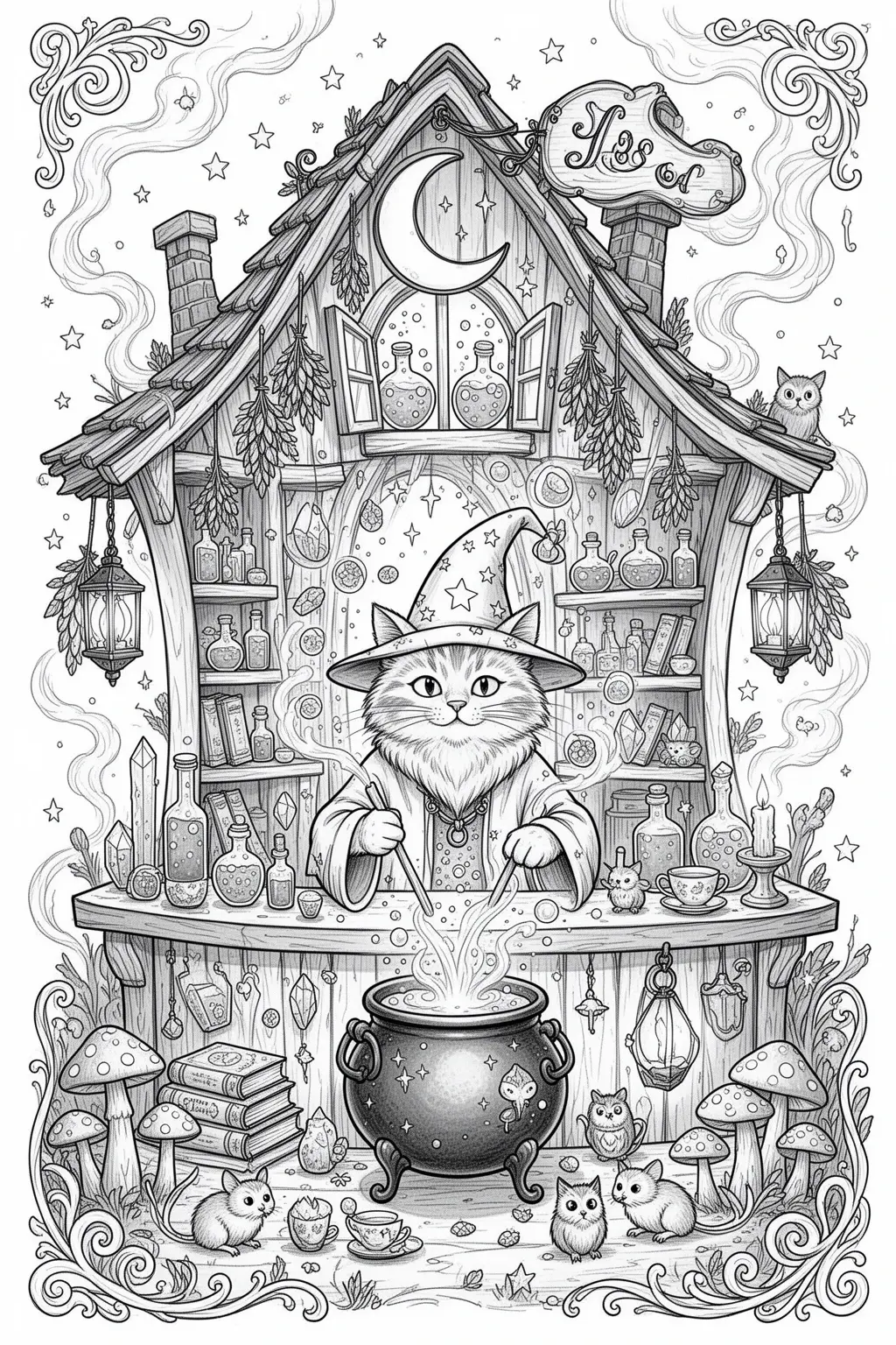 Wizard Cat Potion Shop coloring page | Magical Printable.