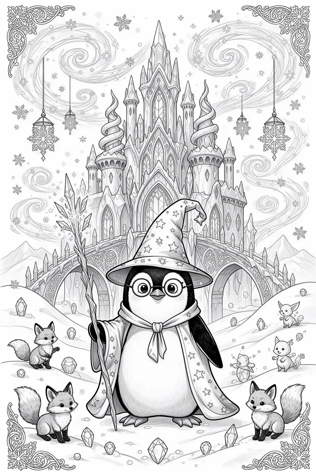 Enchanted Wizard Penguin Ice Castle coloring page.