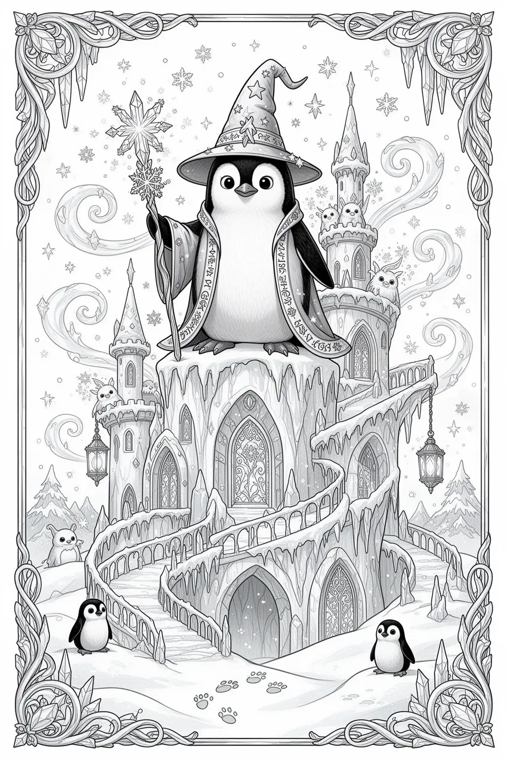 Sparkling Wizard Penguin Ice Castle coloring page.