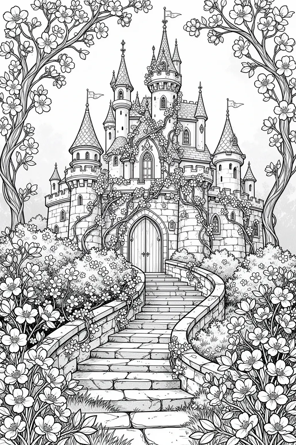 Free Spring Castle with Blooming Vines coloring page.
