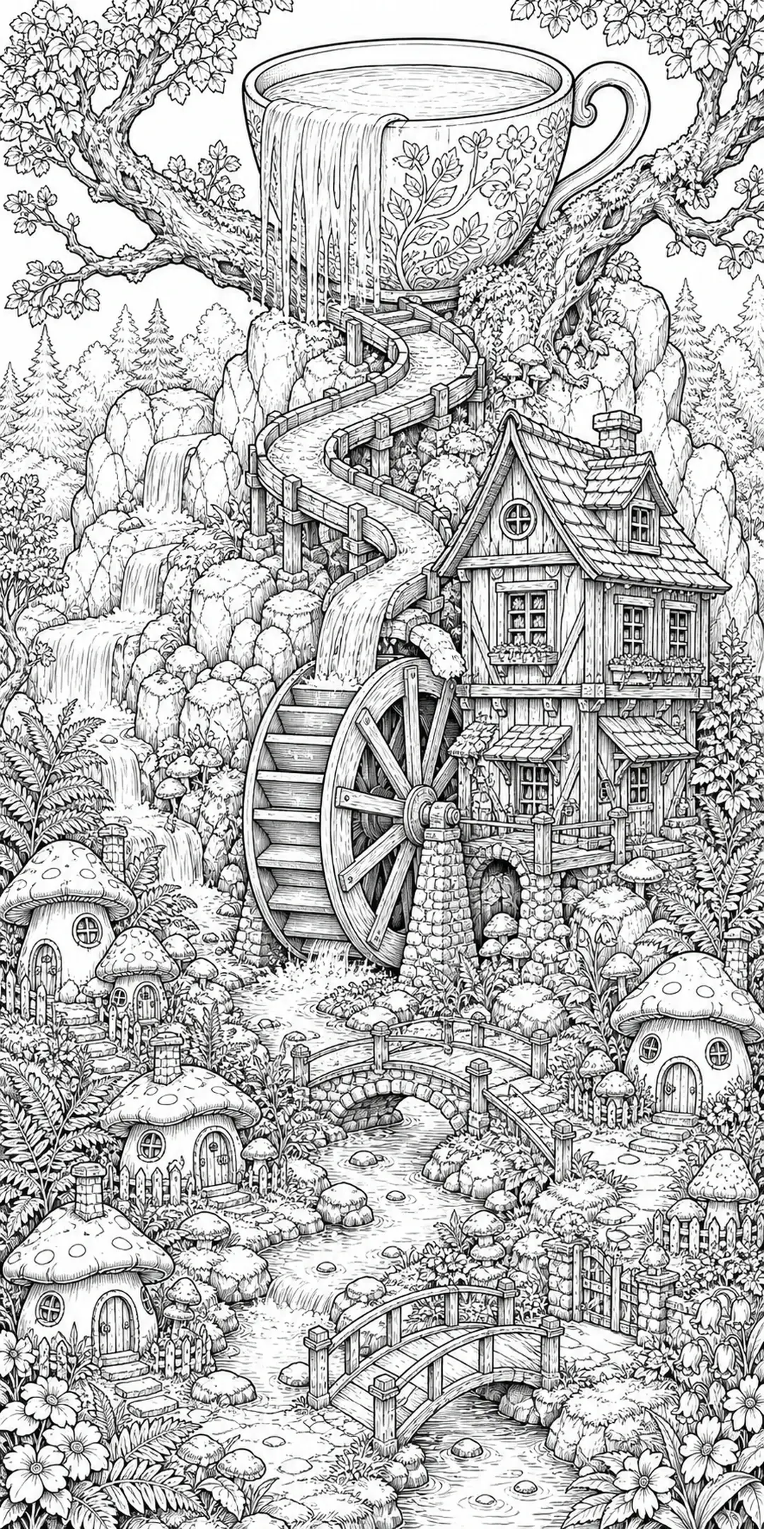 A coloring page shows a whimsical fantasy village with mushroom houses, bridges, a stream, and a giant teacup waterfall in black-and-white.
