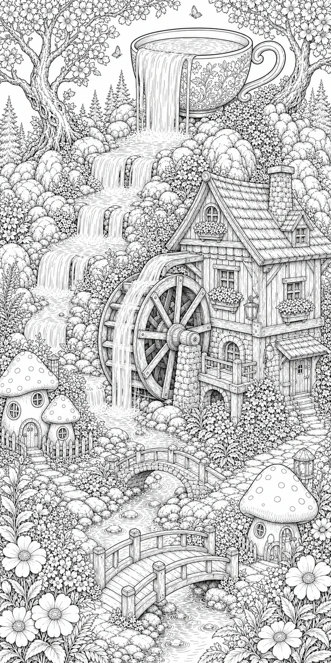 A detailed coloring page shows a whimsical landscape with a giant teacup waterfall, cottages, bridges, mushrooms, and flowers.