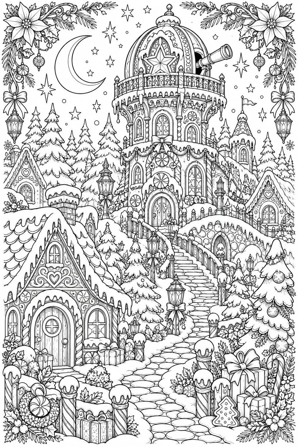 A black-and-white coloring page shows a snowy gingerbread observatory village with a domed tower, cottages, moon, stars, and gift boxes.