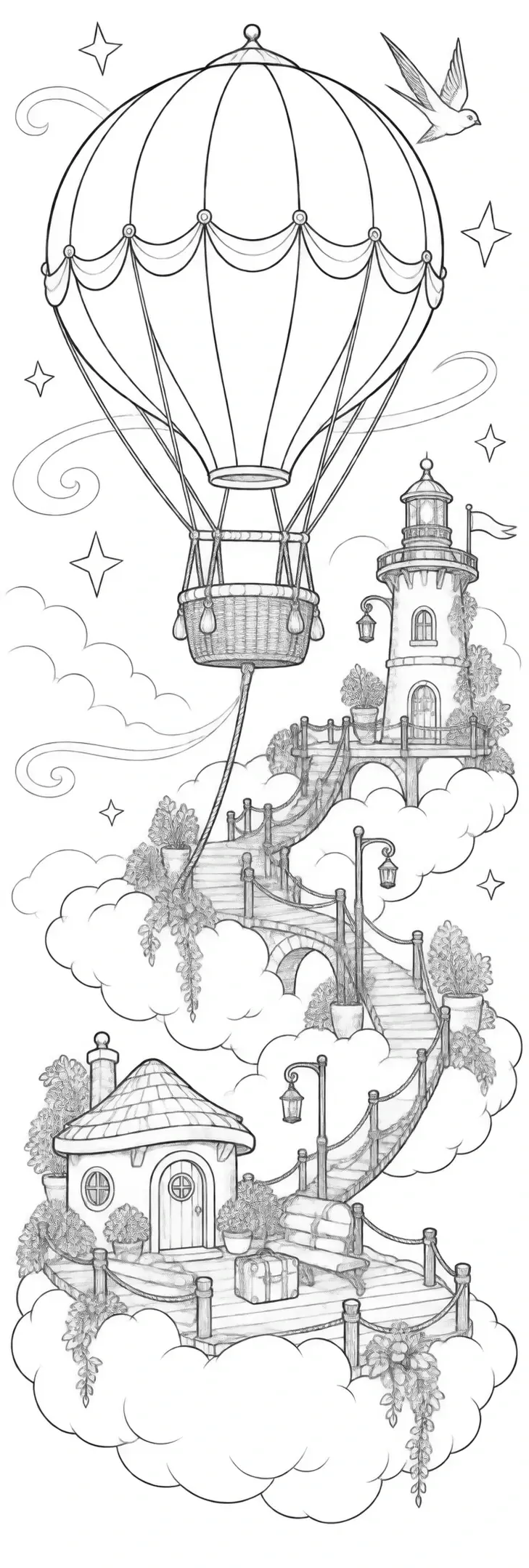 A black-and-white coloring page shows a hot air balloon above a floating cloud harbor with a lighthouse, stairs, stars, and a bird.