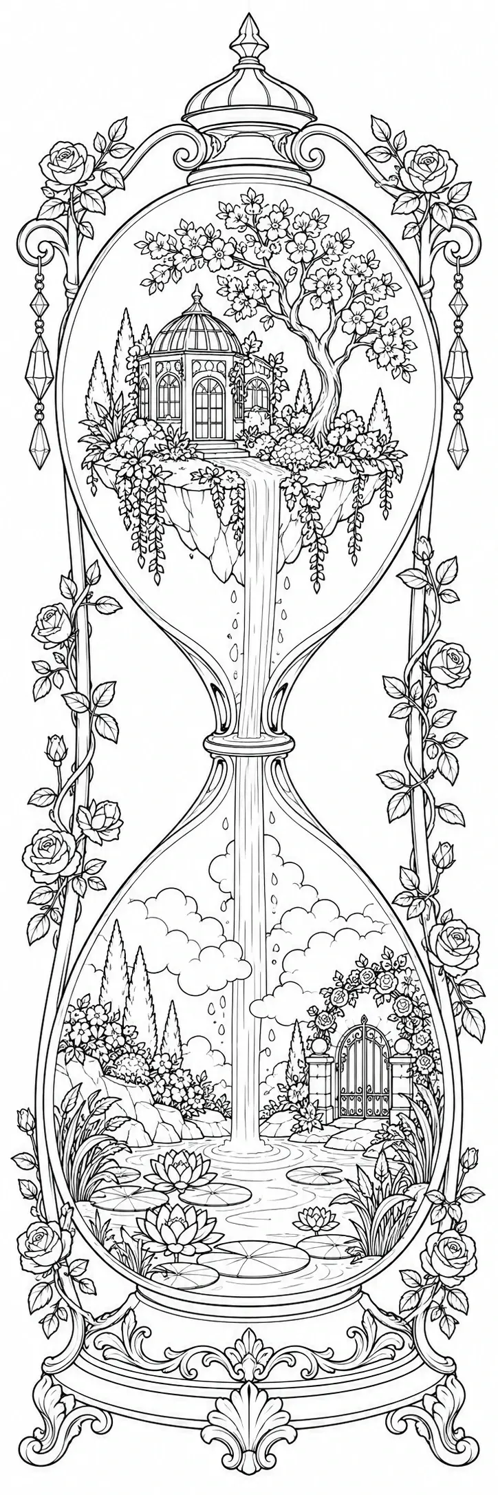An intricate coloring page shows an hourglass filled with a garden scene, roses, a gazebo, a waterfall, and lily pads.