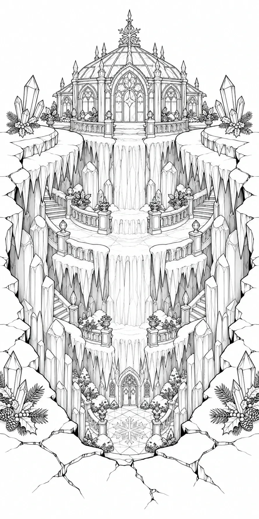 A coloring page of an icy fantasy palace with crystal spires, terraced waterfalls, and snow-covered cliffs.