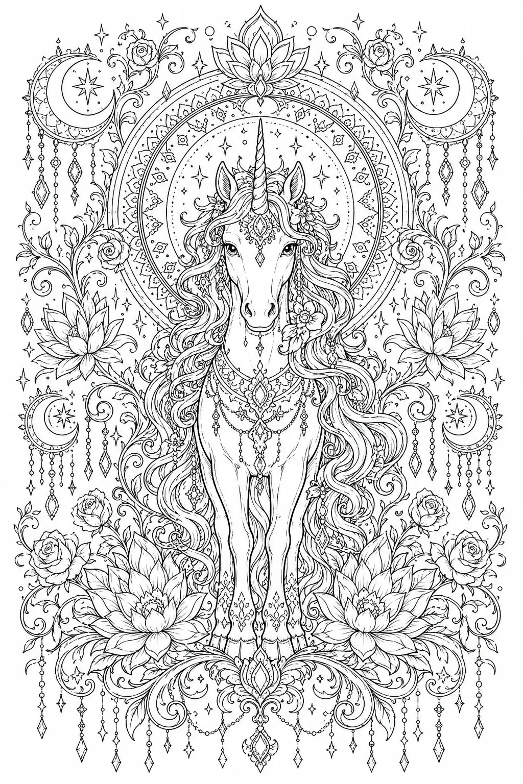 Intricate black-and-white coloring page of a unicorn surrounded by floral mandala patterns, stars, moons, and ornate decorative swirls.