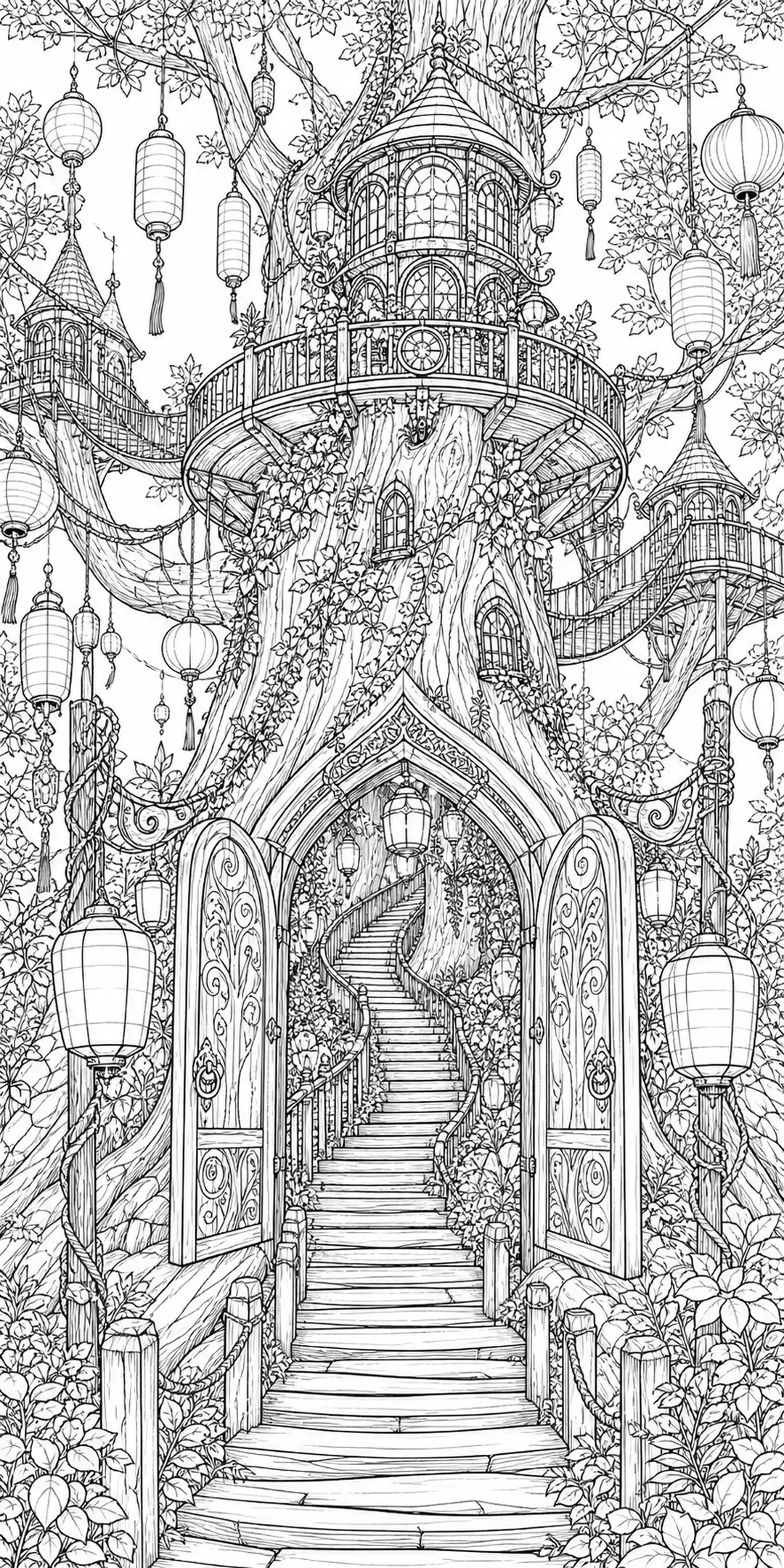 A detailed coloring page of a treehouse village with lanterns, bridges, and a winding stairway.
