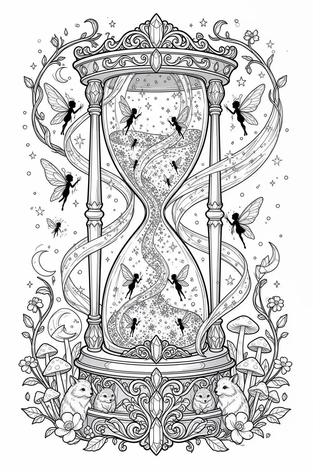 Black and white coloring page of ornate magical hourglass with fairies flying around it, surrounded by stars, vines, mushrooms, and two foxes at the base