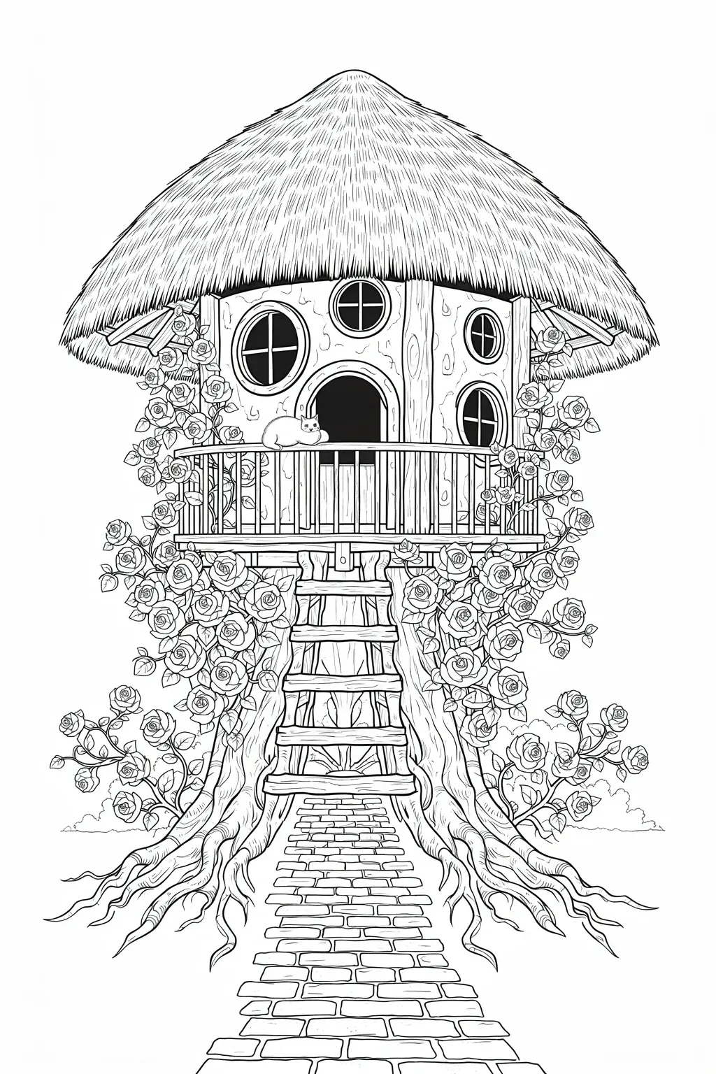 Black and white coloring page of a magical rose-covered treehouse cottage with a thatched roof, ladder, balcony, flowers, and a cat.