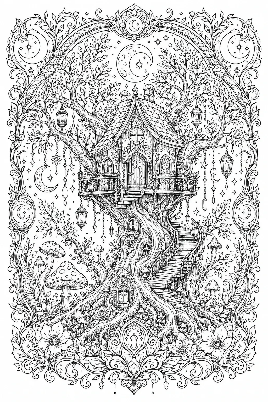 Intricate coloring page of a magical treehouse in a forest with moons, stars, mushrooms, flowers, and a decorative border.