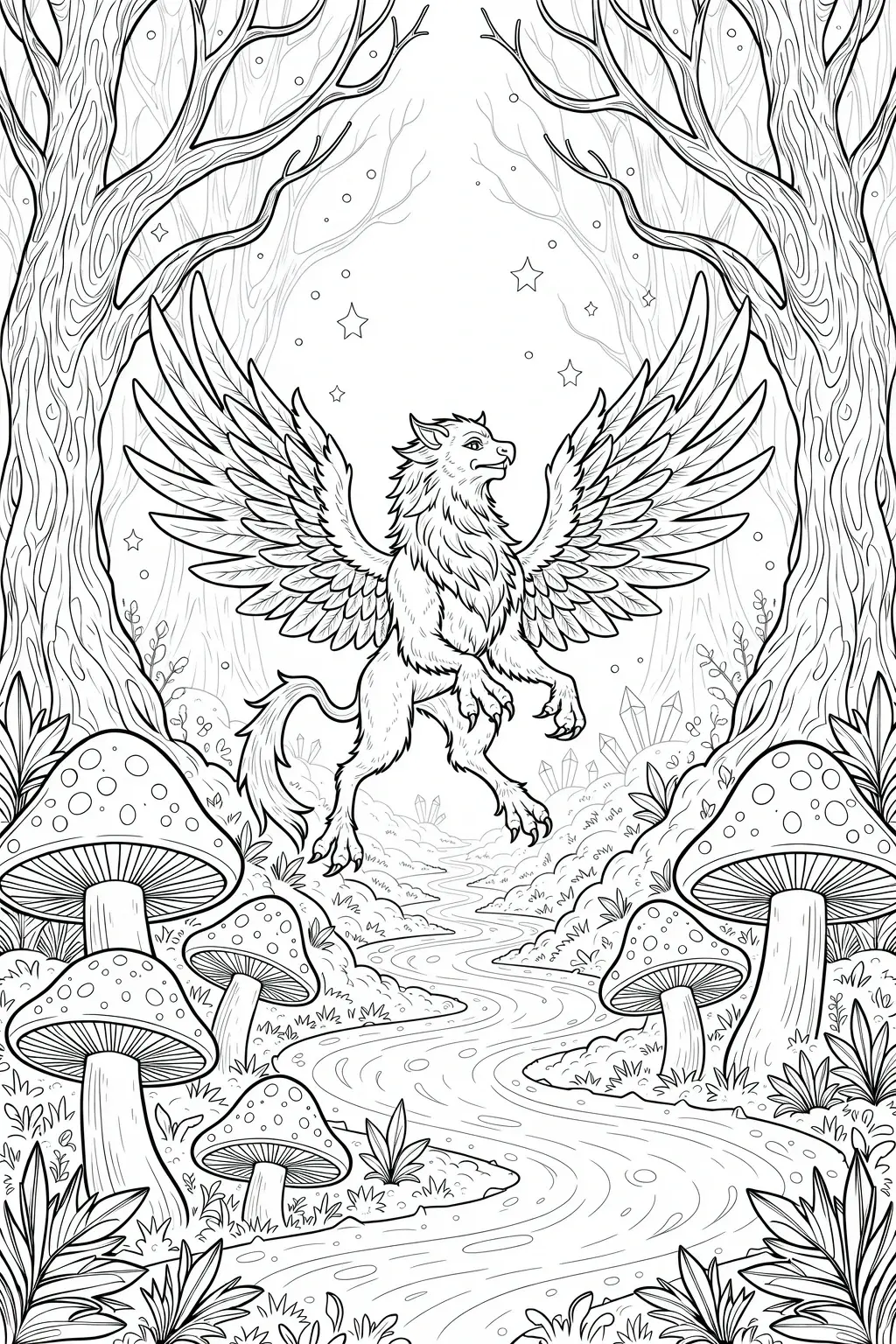 Black and white detailed coloring page illustration of a winged griffin standing in an enchanted forest with tall trees, mushrooms, stars, and a winding stream, designed as a printable coloring page