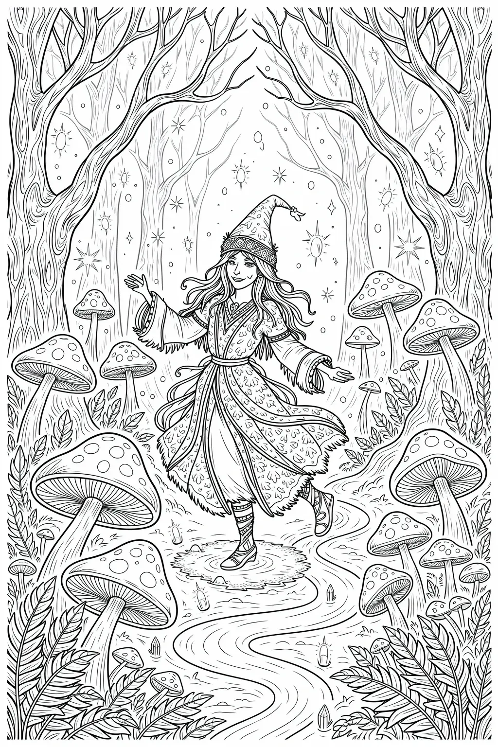 Black and white detailed coloring page illustration of a smiling witch standing in an enchanted forest filled with oversized mushrooms, twisting trees, and magical sparkles, ideal for kids and
