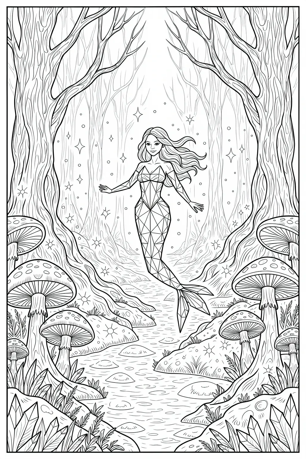 Black and white detailed coloring page of a mermaid fairy standing in a magical forest with tall trees, mushrooms, sparkling stars, and a flowing stream, designed as kids' coloring page, printable