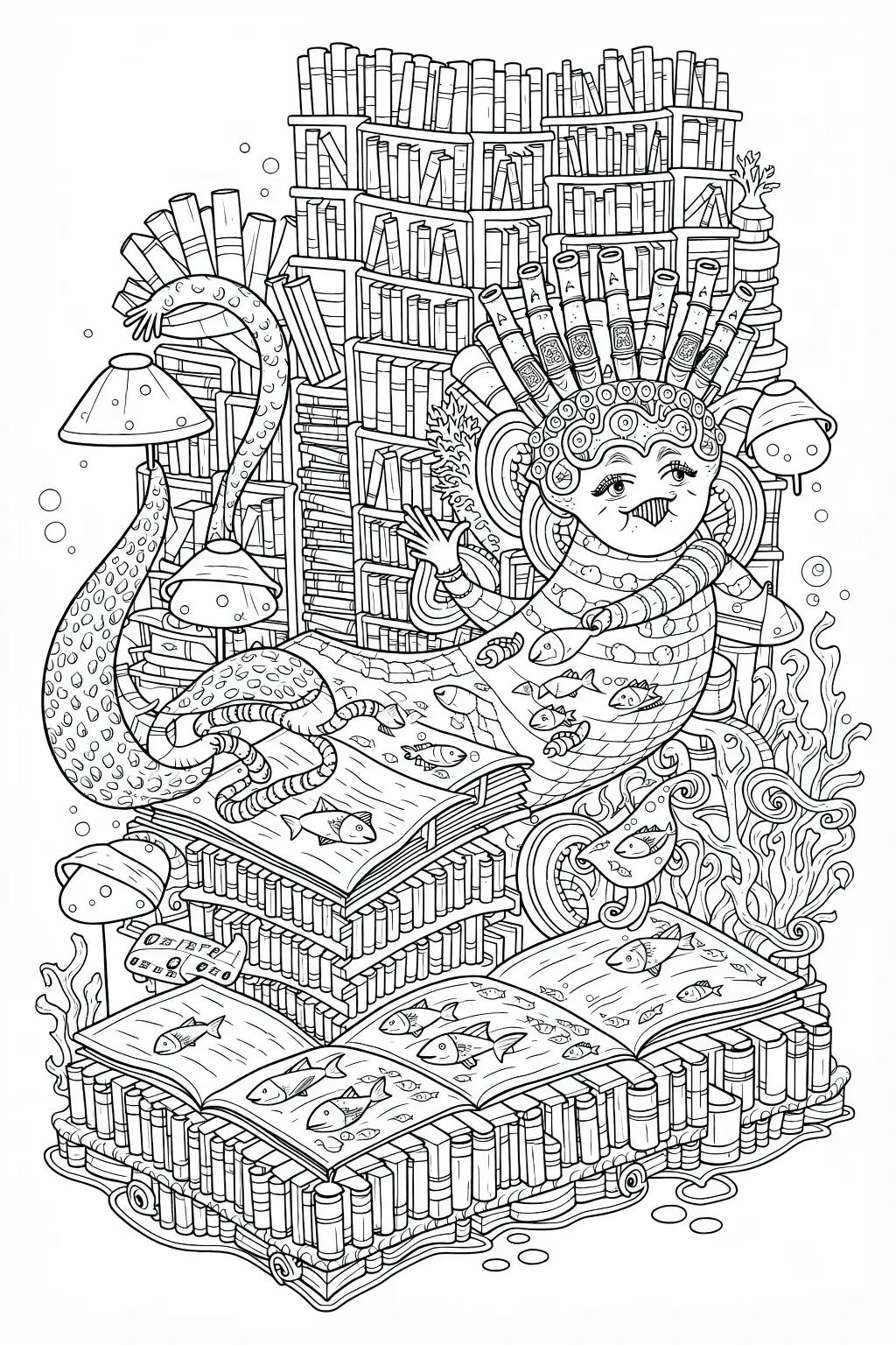 Black and white coloring page of detailed mermaid sitting in a library surrounded by books, fish, sea plants, and underwater decorative elements