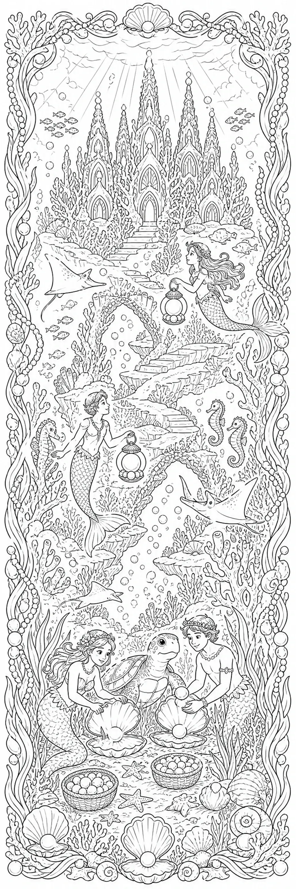 Black-and-white coloring page of mermaids, sea turtles, seahorses, stingrays, and an underwater palace framed by coral and shells.