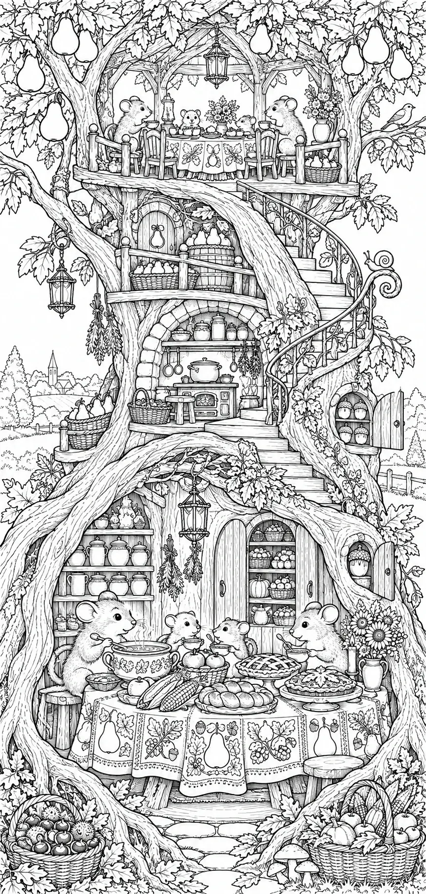 A detailed black-and-white coloring page shows mice dining in a leafy treehouse among winding stairs, cupboards, fruit baskets, flowers, and harvest food.