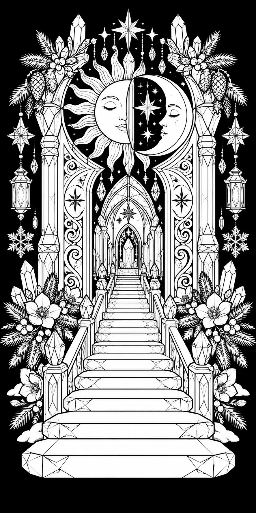 A black-and-white coloring page shows a celestial moon and sun above an ornate cathedral staircase with crystals, stars, and winter florals.