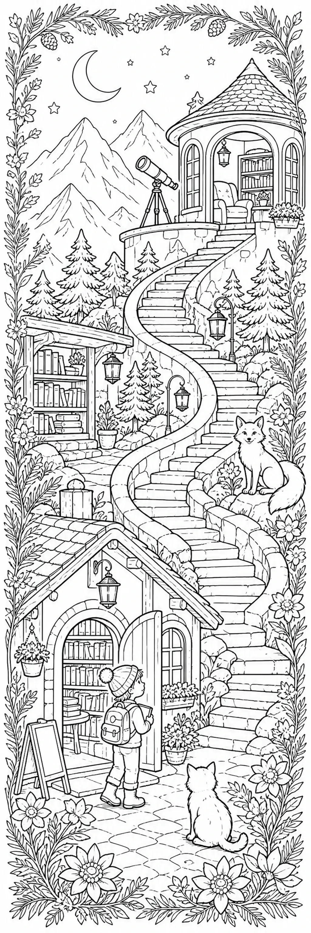 A black-and-white coloring page shows an alpine bookshop with winding stairs, mountains, a moon, stars, and two cats.