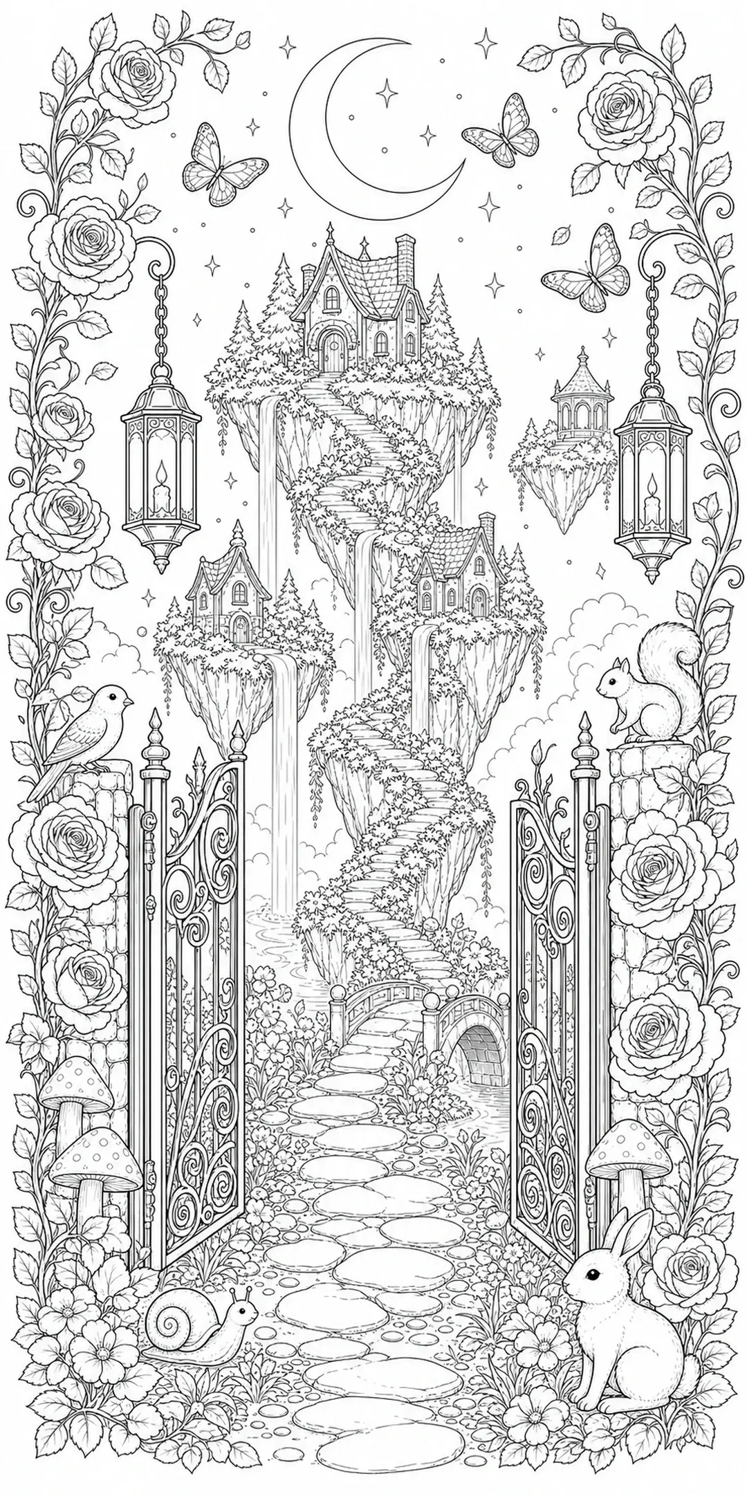 A coloring page of a moonlit floating garden with a cottage, stone path, roses, lanterns, butterflies, and small animals.