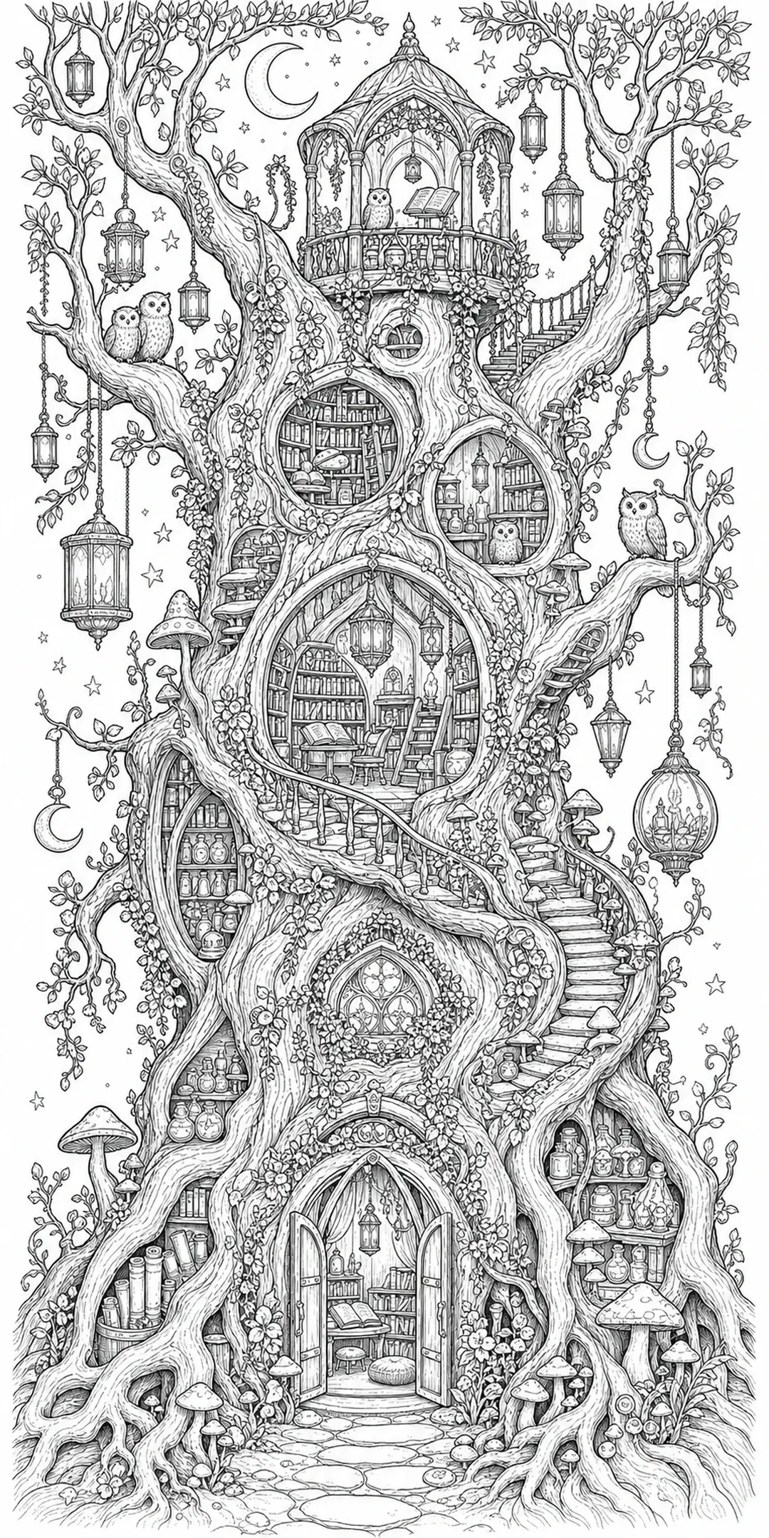 An intricate coloring page shows an enchanted treehouse library with owls, lanterns, moons, and mushrooms.