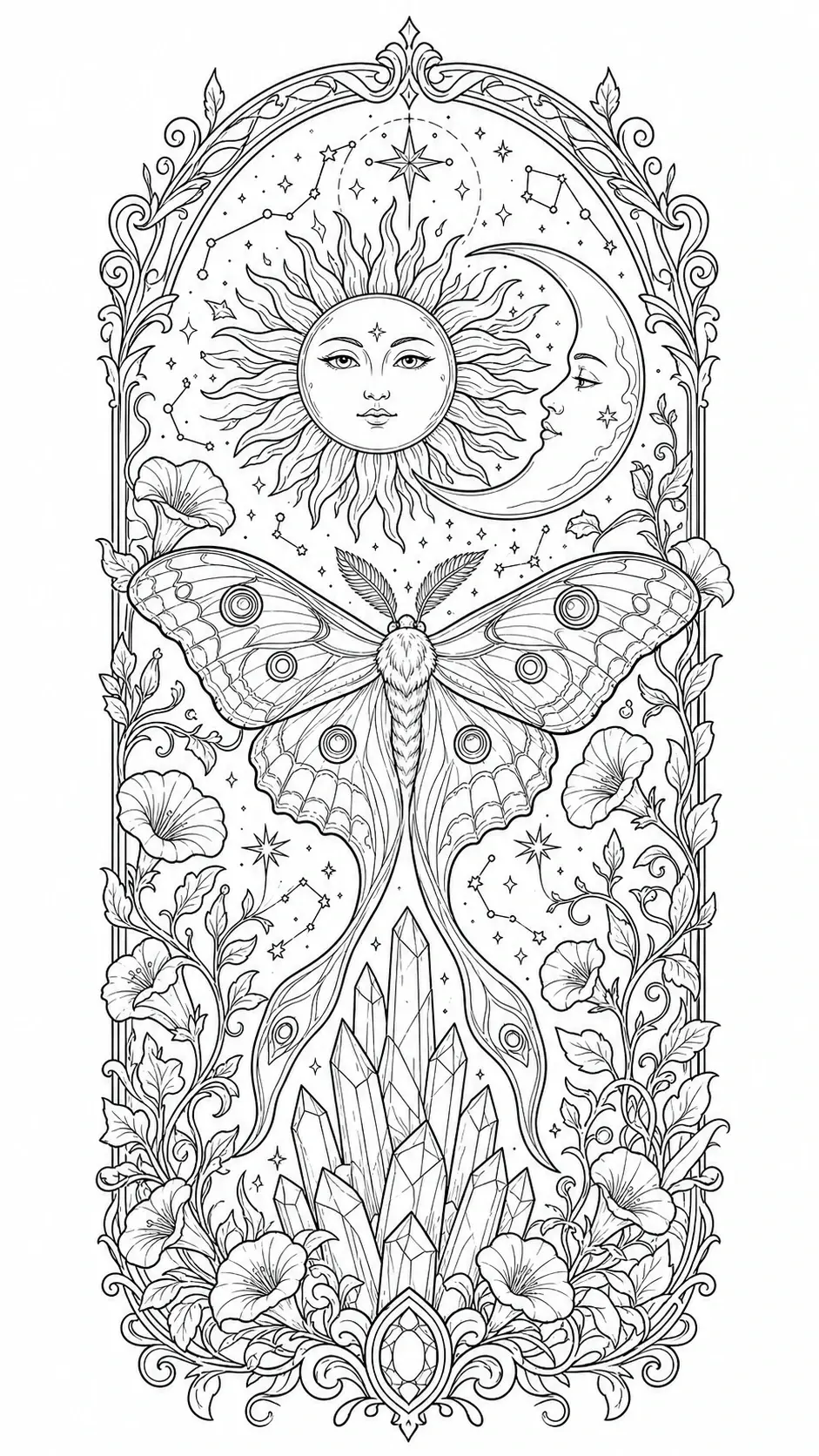 A detailed coloring page of a moth with a sun and moon, surrounded by stars, flowers, and crystals in an ornate frame.
