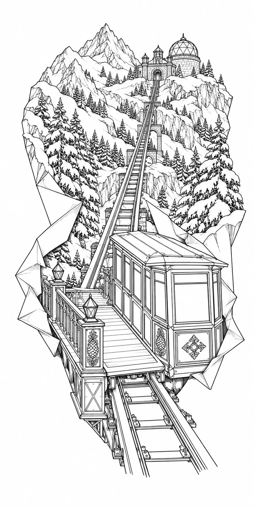A black-and-white coloring page showing a mountain funicular railway climbing past snowy trees to an observatory on a rocky peak.