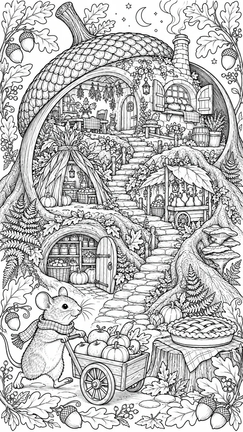 A scarf-wearing mouse pulls a cart of pumpkins along a stone path between leafy homes built into a giant tree in this coloring page.