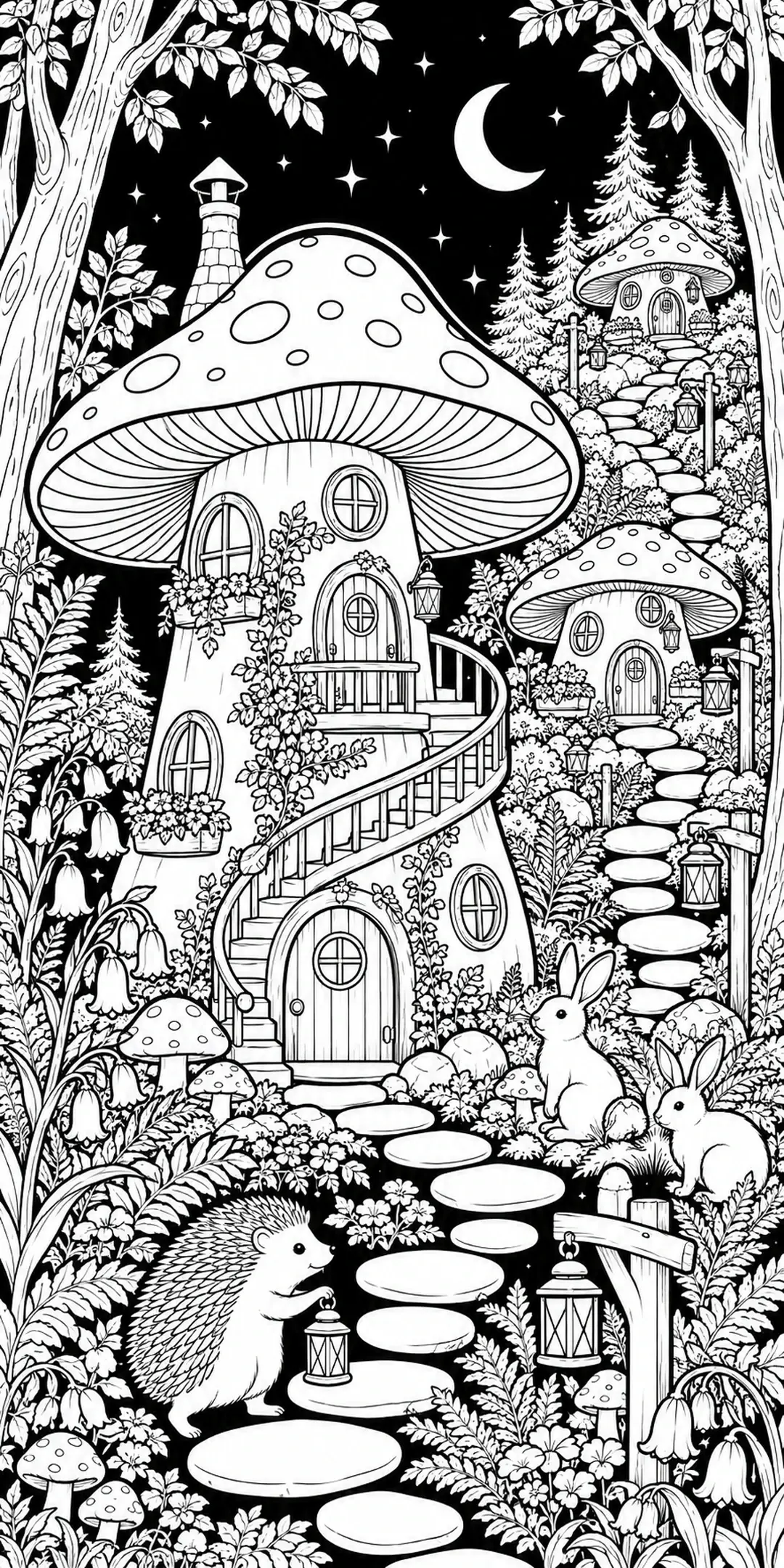 This detailed coloring page shows mushroom cottages beside a winding stone path, with two rabbits, a hedgehog, flowers, trees, and a crescent moon.