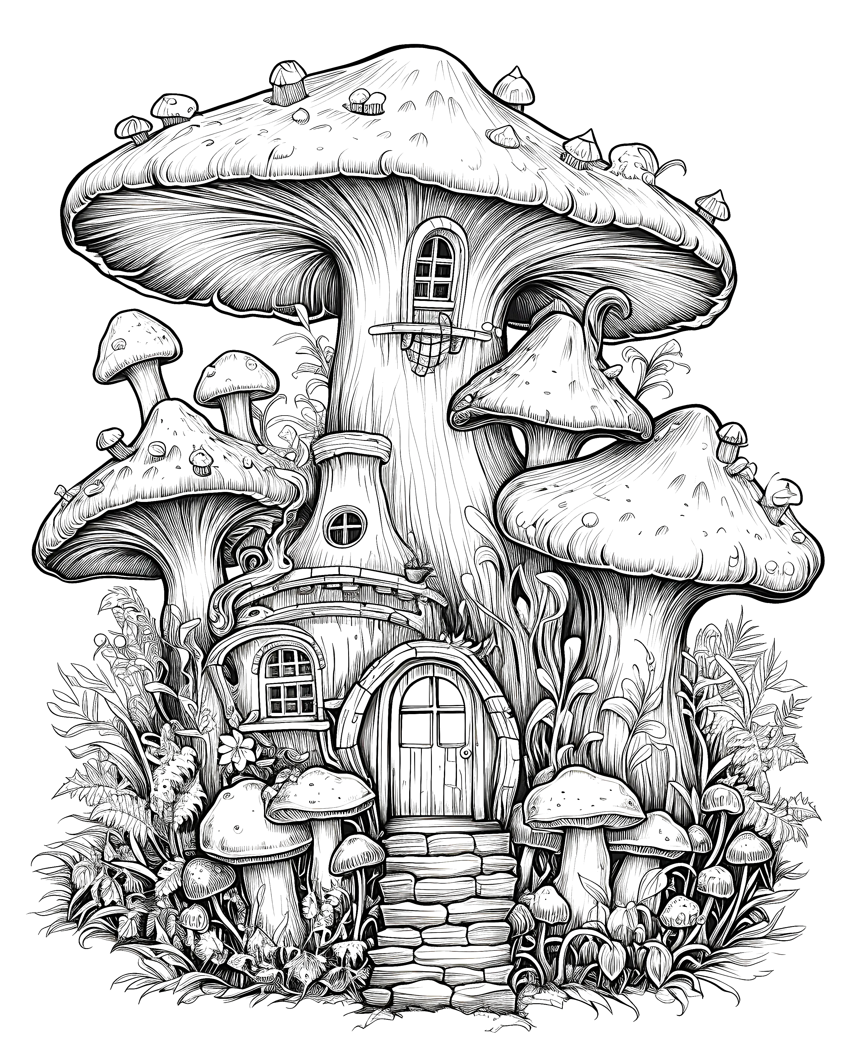 Detailed black-and-white coloring page of a whimsical mushroom house with multiple mushroom roofs, windows, a door, stone steps, and surrounding plants.