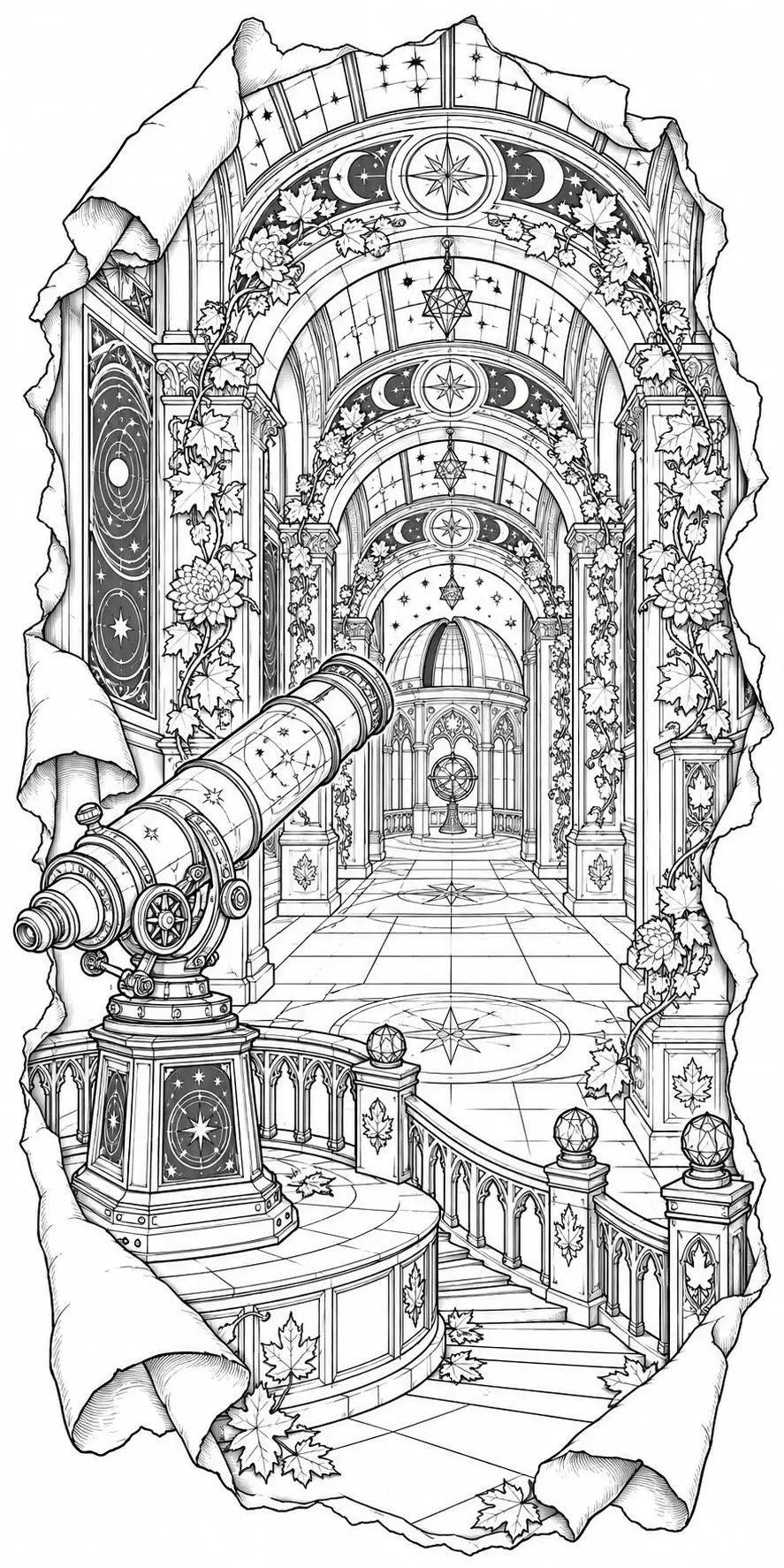An intricate black-and-white coloring page of an ornate observatory interior with a large telescope, stars, moons, and autumn leaves.