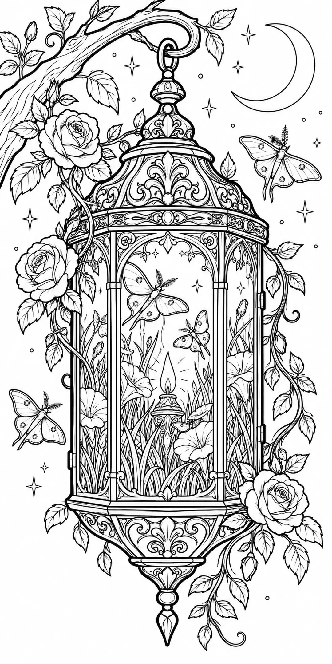 An ornate hanging lantern filled with flowers, grasses, and moths hangs beneath a crescent moon in this detailed coloring page.