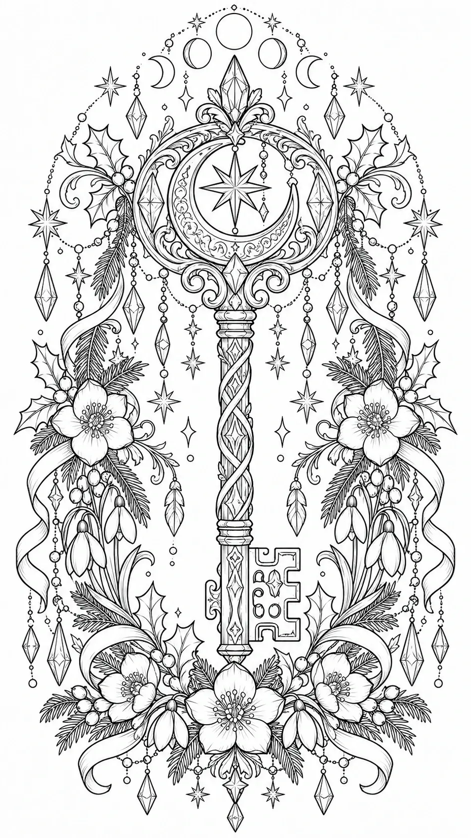 An ornate key coloring page with a crescent moon, stars, crystals, flowers, and hanging decorations in black-and-white.