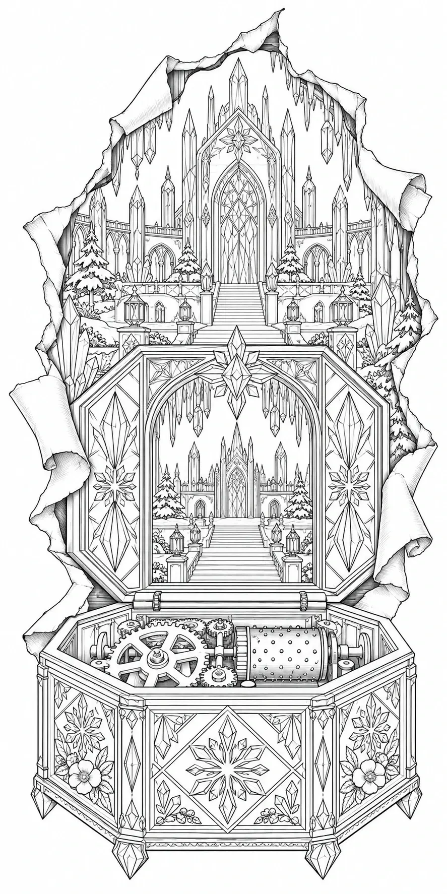 An ornate black-and-white coloring page shows a music box with gears, crystal panels, and a castle-like scene inside.