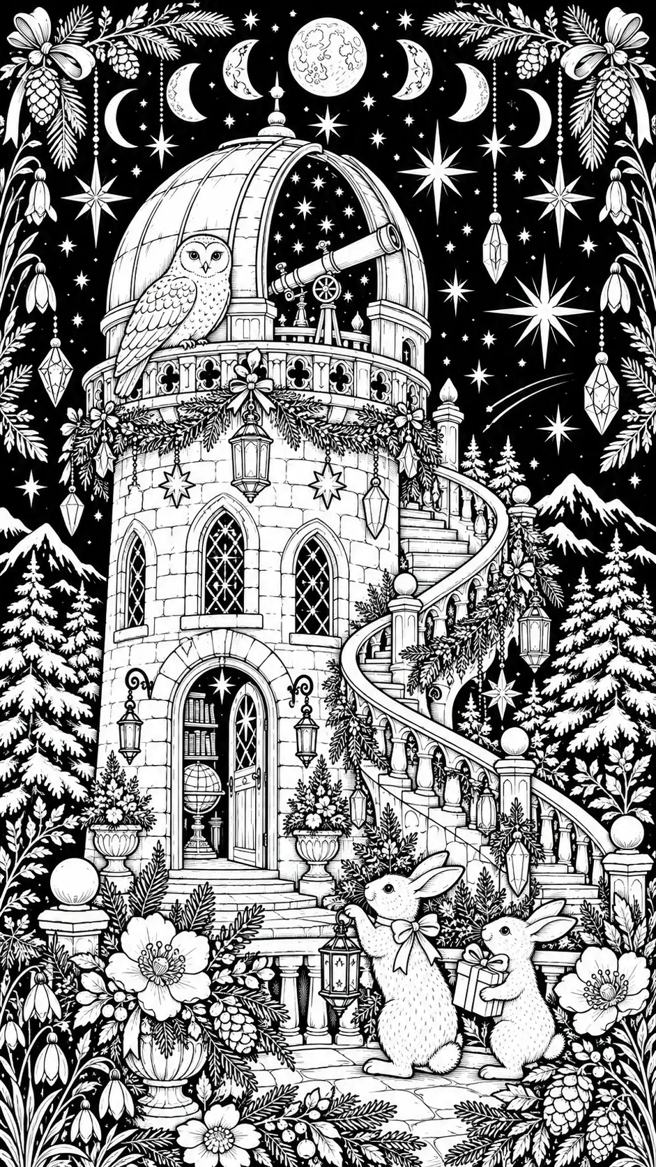 An owl sits on a moonlit observatory tower with stars, crescent moons, and rabbits in a black-and-white coloring page.