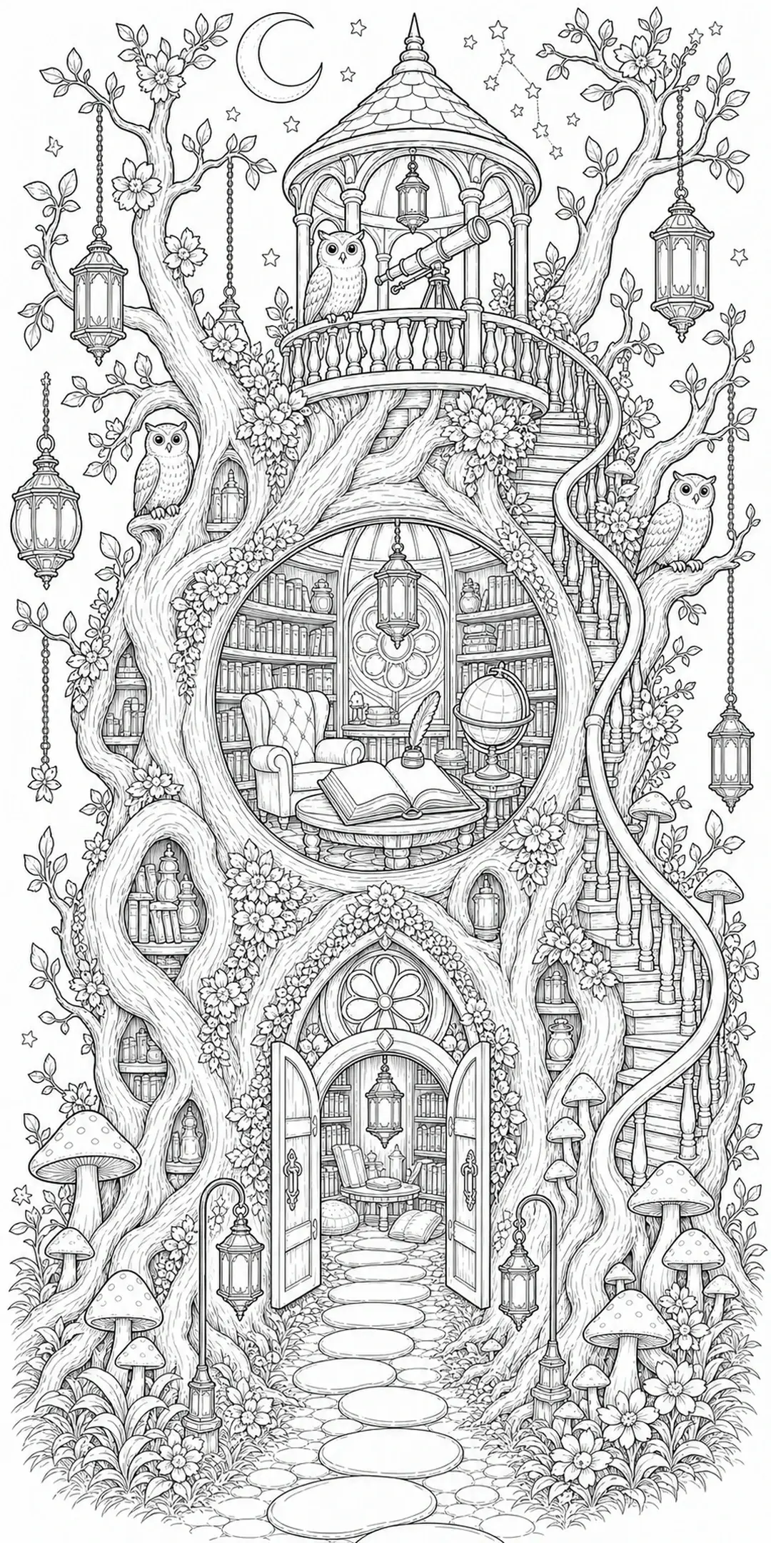 A black-and-white coloring page of an owl in a treehouse library with lanterns, flowers, a moon, and stars.
