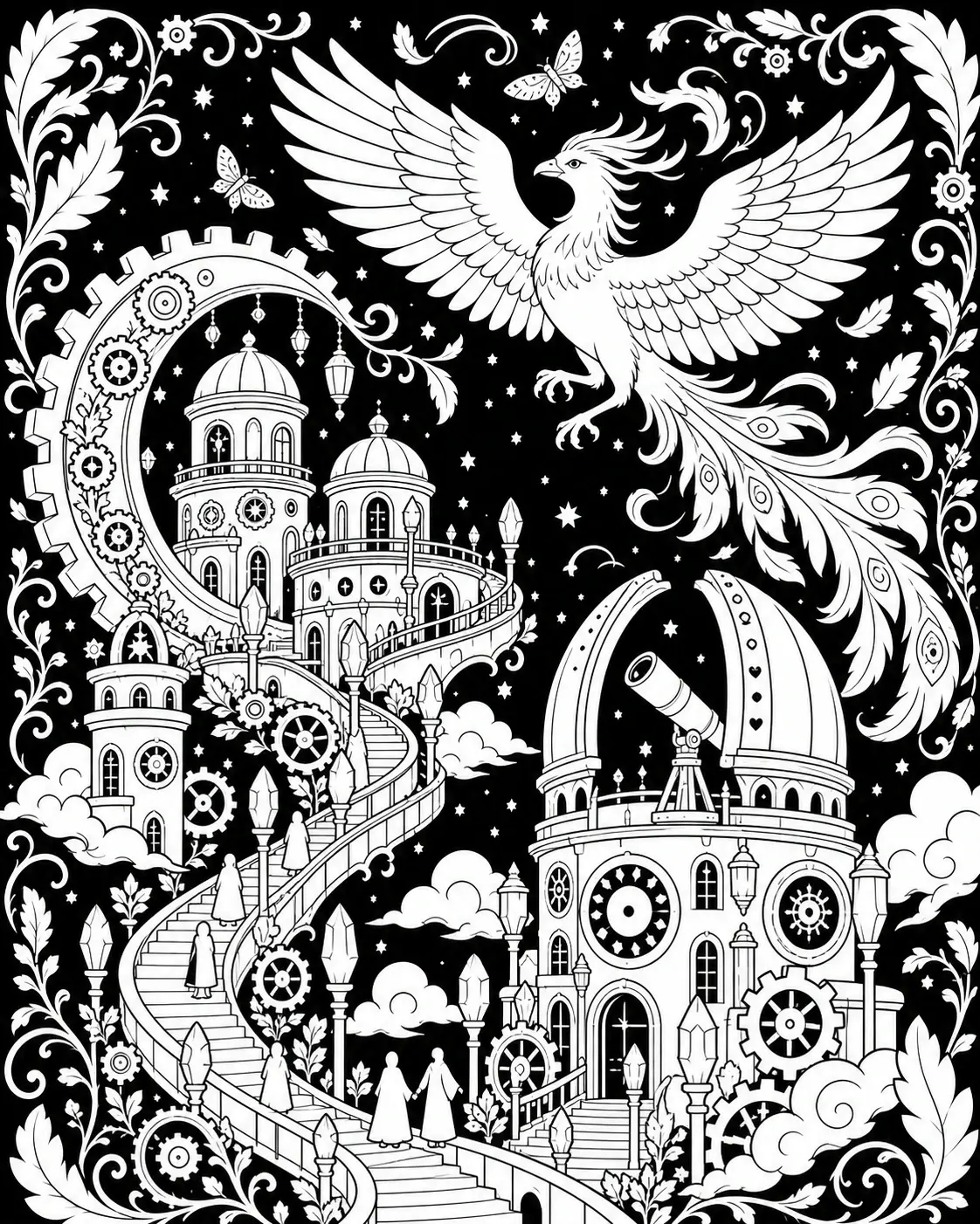 A black-and-white coloring page of a phoenix flying above a fantasy city with gears, stars, and an observatory.