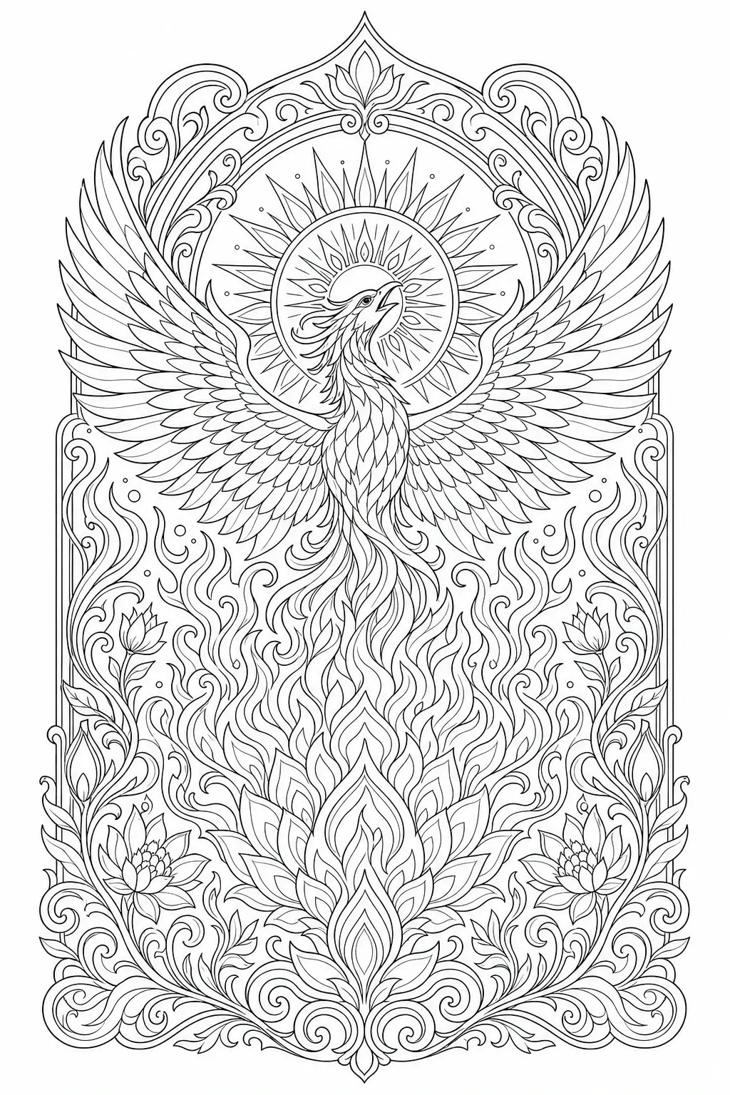 Intricate coloring page of a phoenix with spread wings, flames, flowers, and an ornate mandala-style frame.