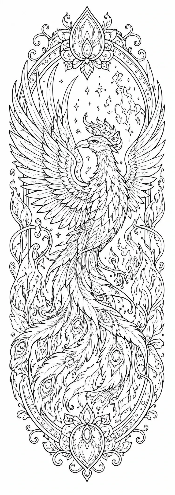 An ornate phoenix with spread wings inside a decorative floral frame coloring page.