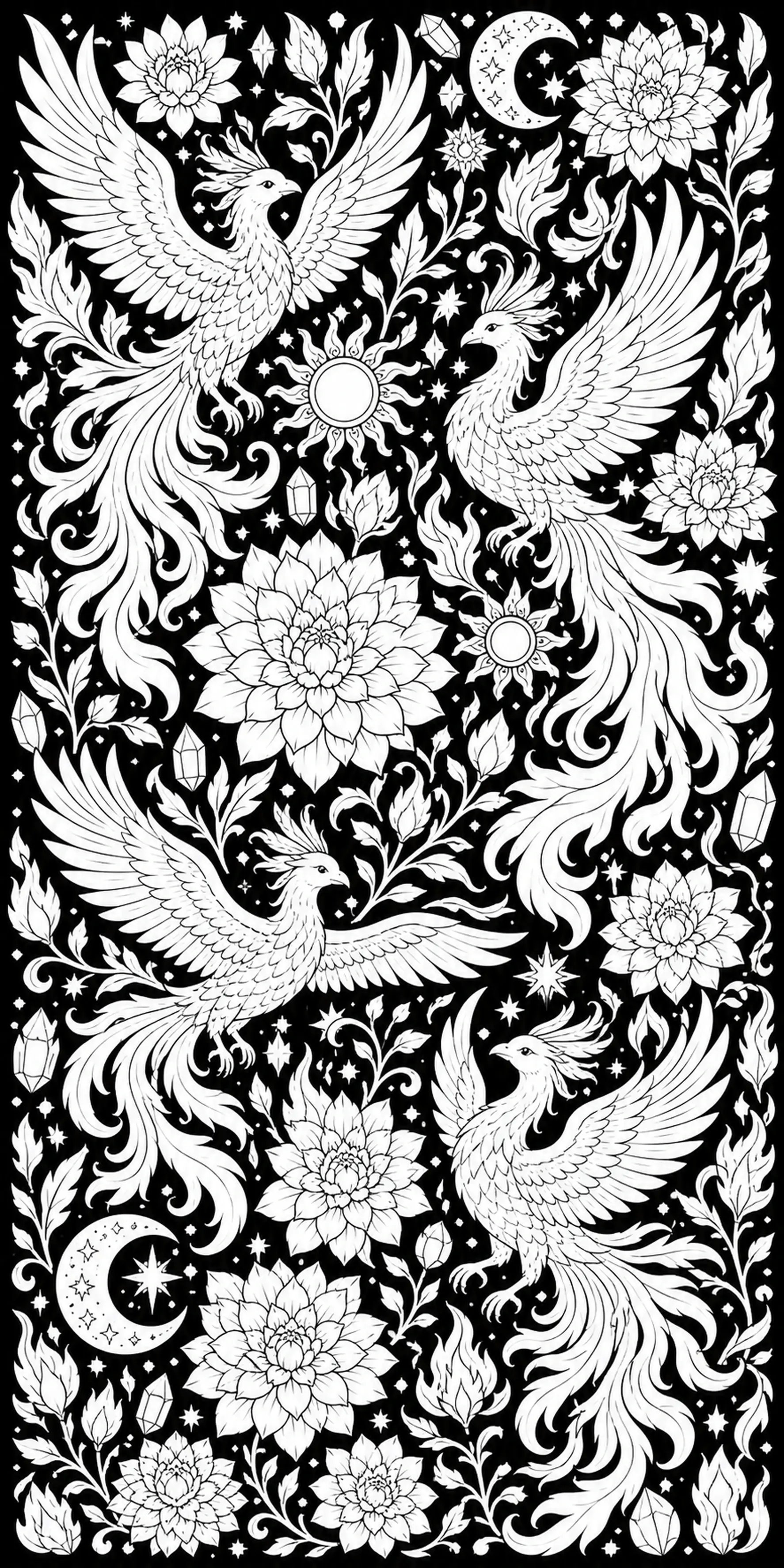 A black-and-white coloring page showing four phoenixes surrounded by flowers, moons, stars, and swirling leaves.