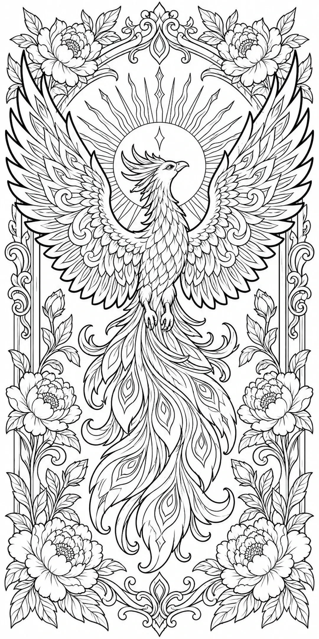 This phoenix coloring page shows a feathered bird with outstretched wings, a sunburst, ornate scrollwork, and surrounding flowers.