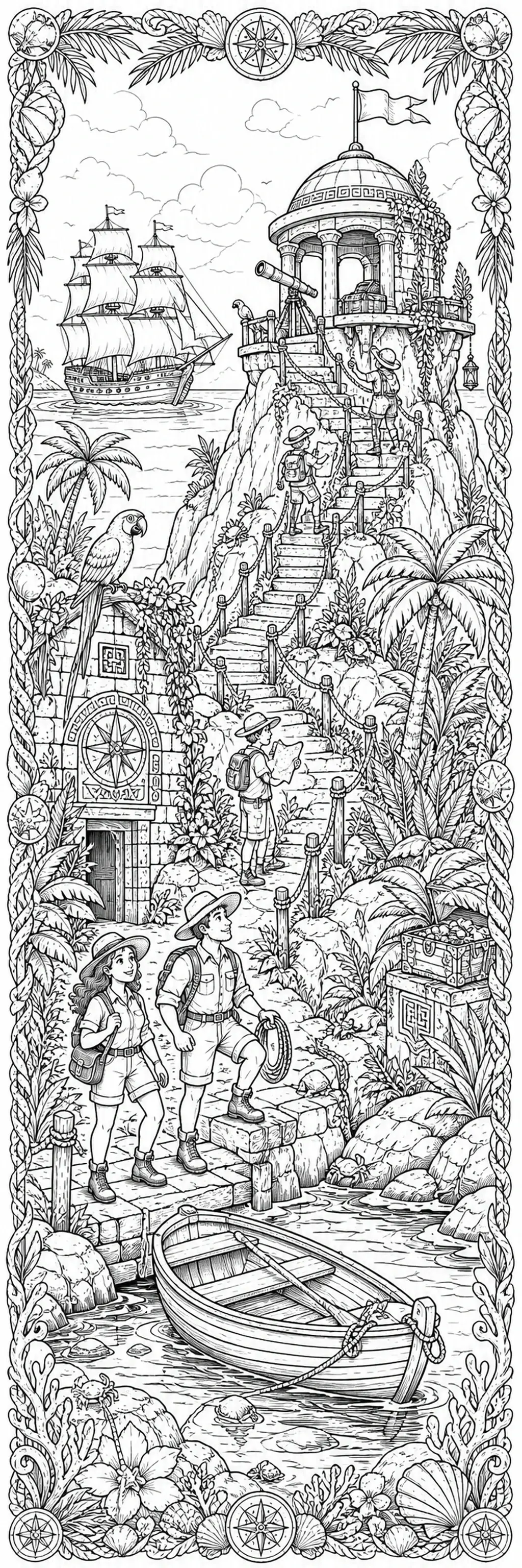A black-and-white coloring page shows a pirate island scene with a sailing ship, explorers on steps, a cannon, a parrot, and a boat by the shore.